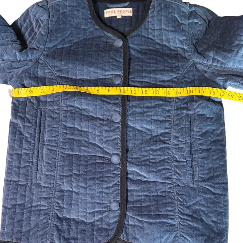 Free People Natalia Velvet Jacket Women Small Blue Quilted Puff Sleeve Boho Boxy